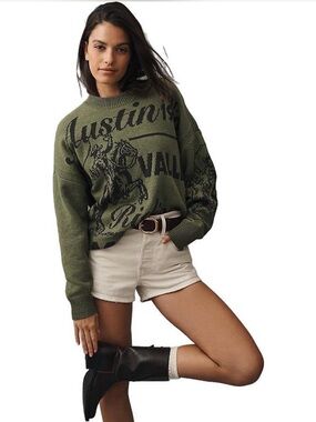 Anthropologie Maeve graphic crewneck sweater Size Medium Horse Green Austin
